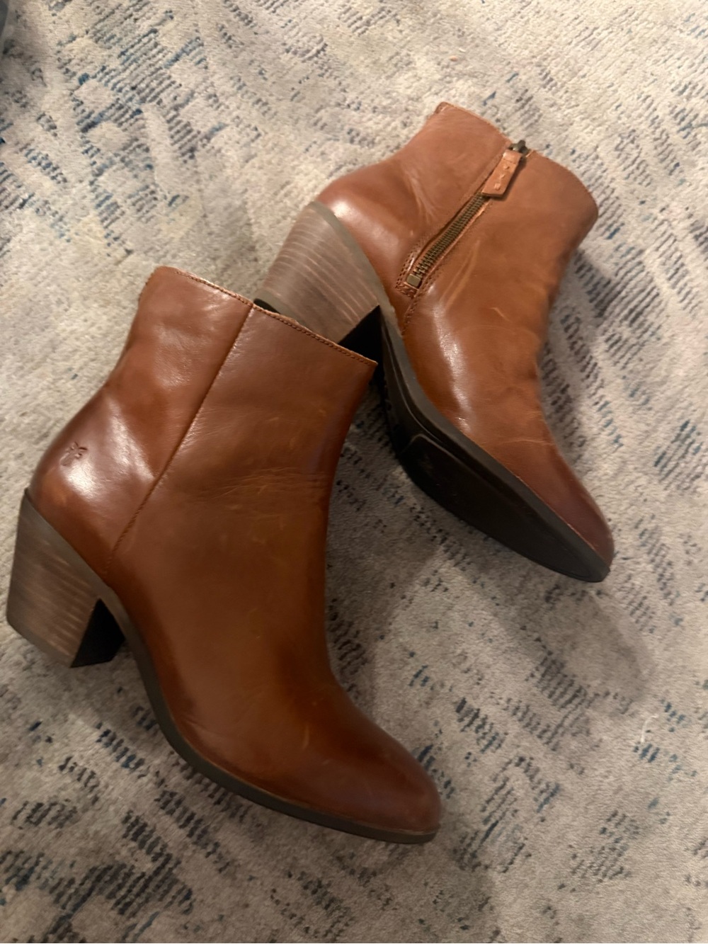 Frye Chestnut Brown Leather Ankle Booties with Block Heel